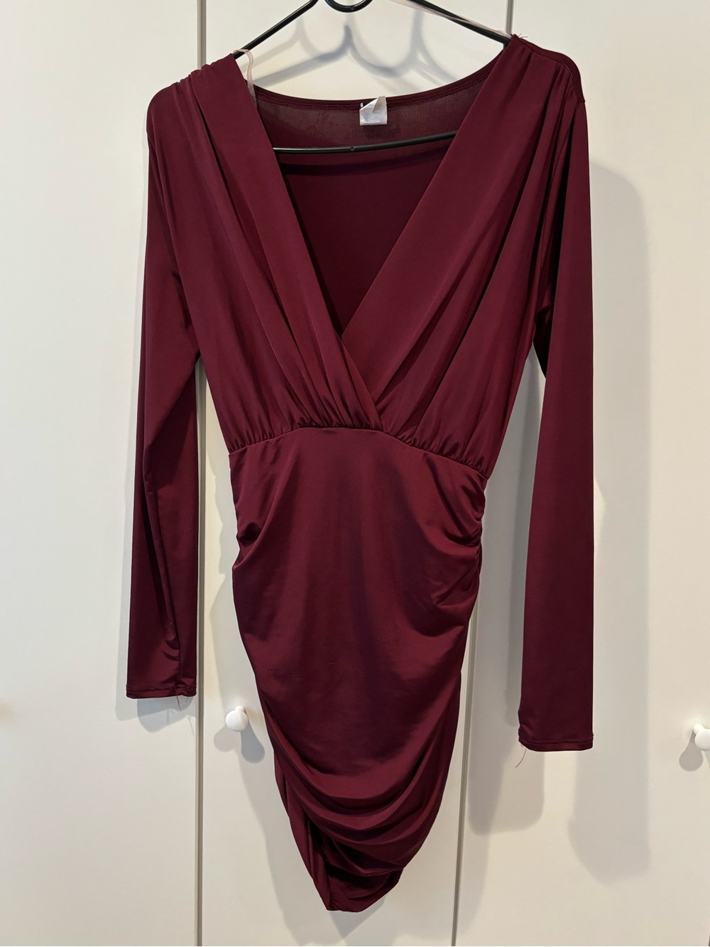 Windsor Long-Sleeve Ruched V-Neck Dress - Burgundy